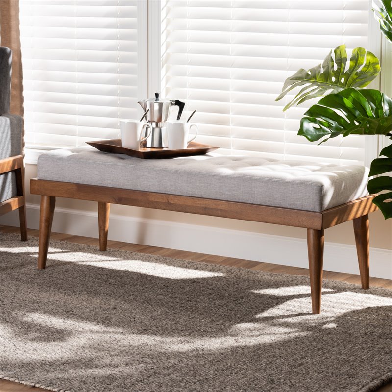 Bowery Hill Mid-Century Upholstered Tufted Wood bench in Light Gray