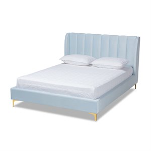 Bowery Hill Velvet Upholstered Light Blue Queen Platform Bed