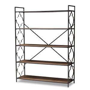 Bowery Hill Black Iron Metal and Oak Wood 5-Shelf Bookcase