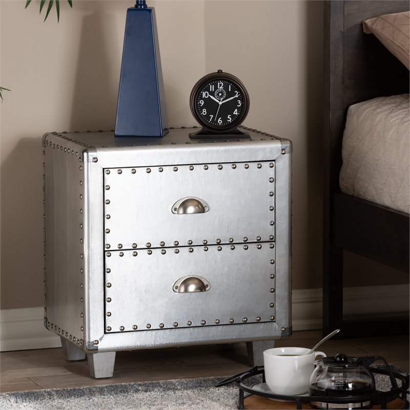 Bowery Hill Contemporary 2-Drawer Metal Nightstand in Silver