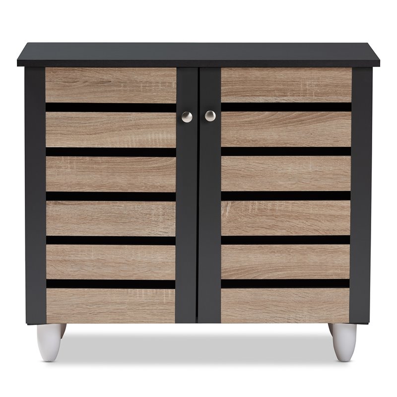 Bowery Hill Two-Tone Oak Wood 2-Door Shoe Cabinet in Dark Gray
