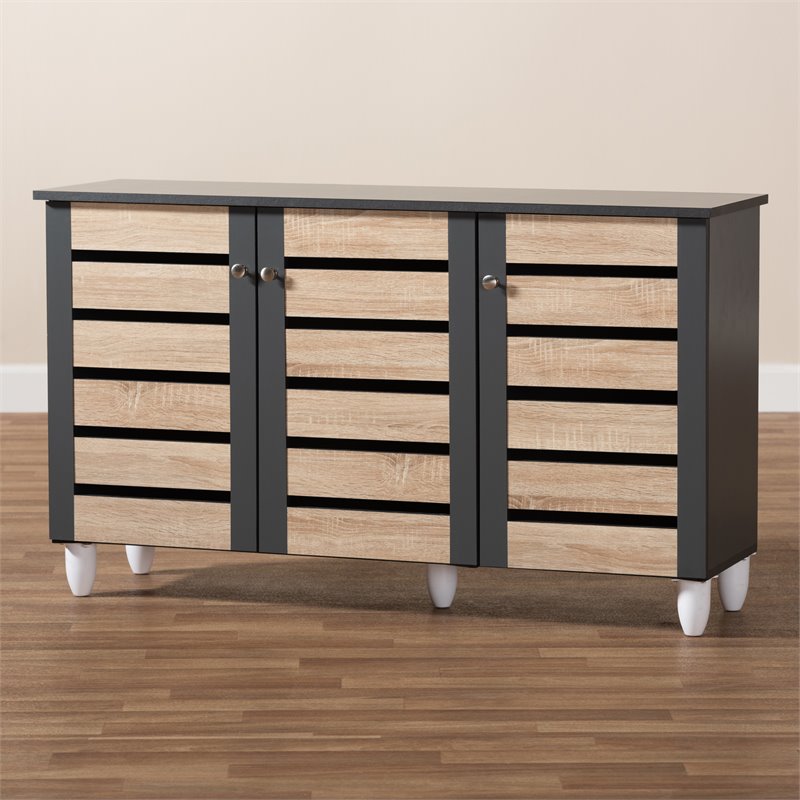 Bowery Hill Two-Tone Oak Wood 3-Door Shoe Cabinet in Dark Gray