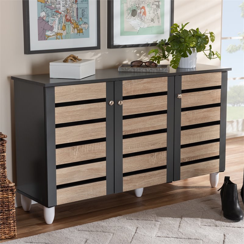 Bowery Hill Two-Tone Oak Wood 3-Door Shoe Cabinet in Dark Gray