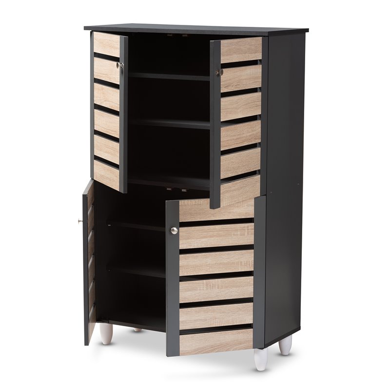 Bowery Hill Engineered Wood Two-Tone Oak and Dark Gray Shoe Cabinet 4-Door Unassembled