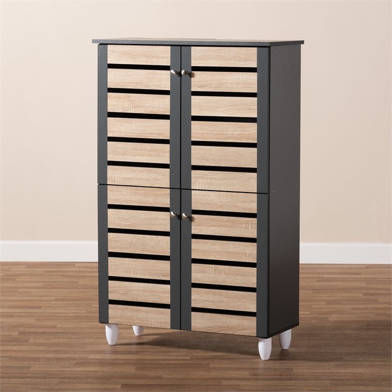 Bowery Hill Engineered Wood Two-Tone Oak and Dark Gray Shoe Cabinet 4-Door Unassembled