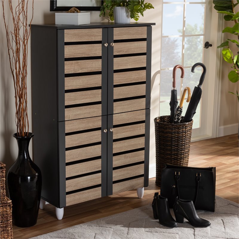 Bowery Hill Engineered Wood Two-Tone Oak and Dark Gray Shoe Cabinet 4-Door Unassembled