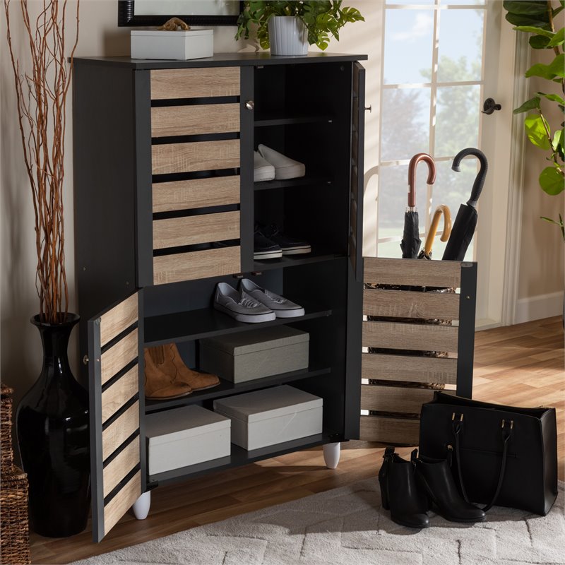 Bowery Hill Engineered Wood Two-Tone Oak and Dark Gray Shoe Cabinet 4-Door Unassembled