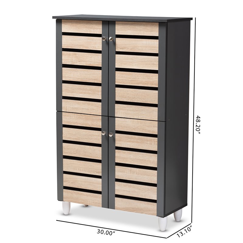 Bowery Hill Engineered Wood Two-Tone Oak and Dark Gray Shoe Cabinet 4-Door Unassembled