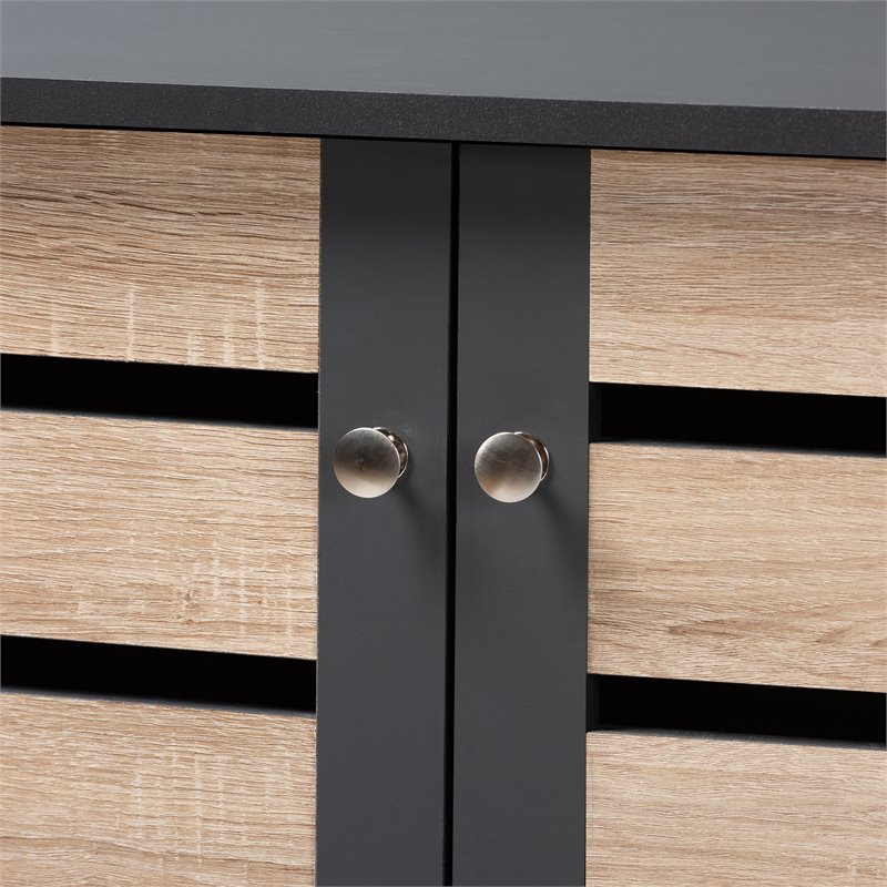 Bowery Hill Engineered Wood Two-Tone Oak and Dark Gray Shoe Cabinet 4-Door Unassembled