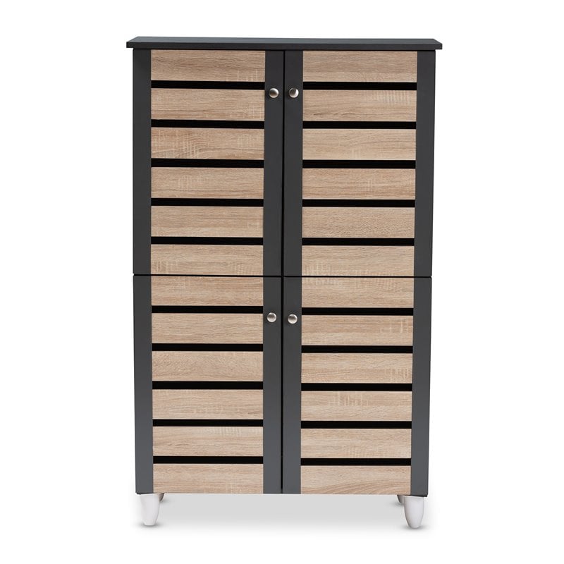 Bowery Hill Engineered Wood Two-Tone Oak and Dark Gray Shoe Cabinet 4-Door Unassembled