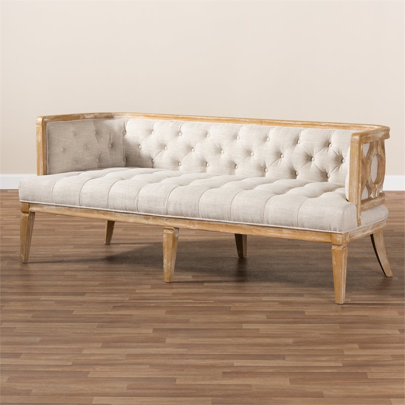 Bowery Hill Tufted Linen Fabric and White-Washed Oak Wood Sofa in Beige