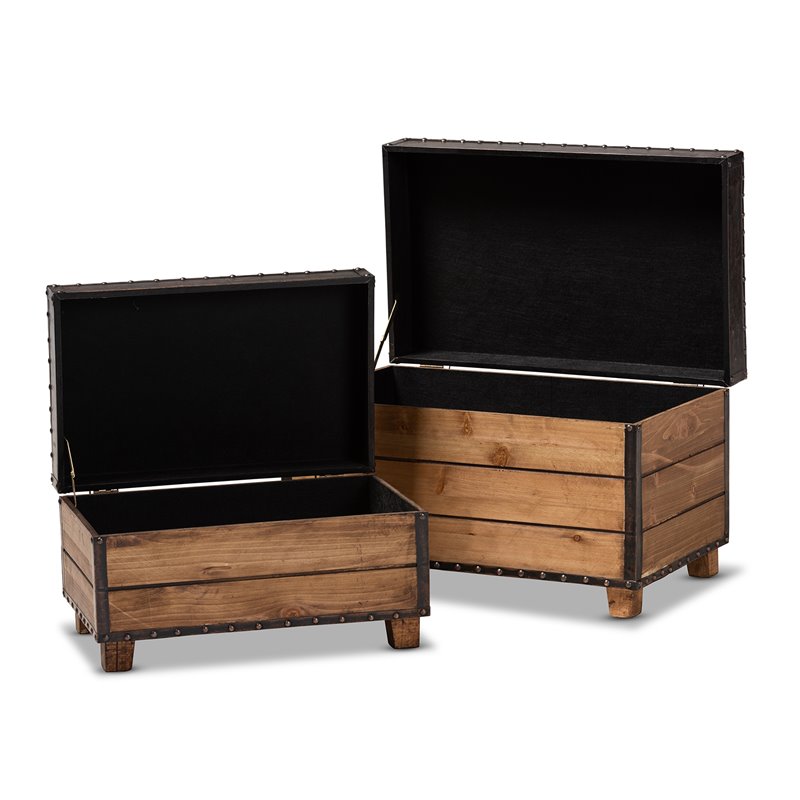 Bowery Hill Faux Leather and Wood Storage Ottoman in Brown (Set of 2)