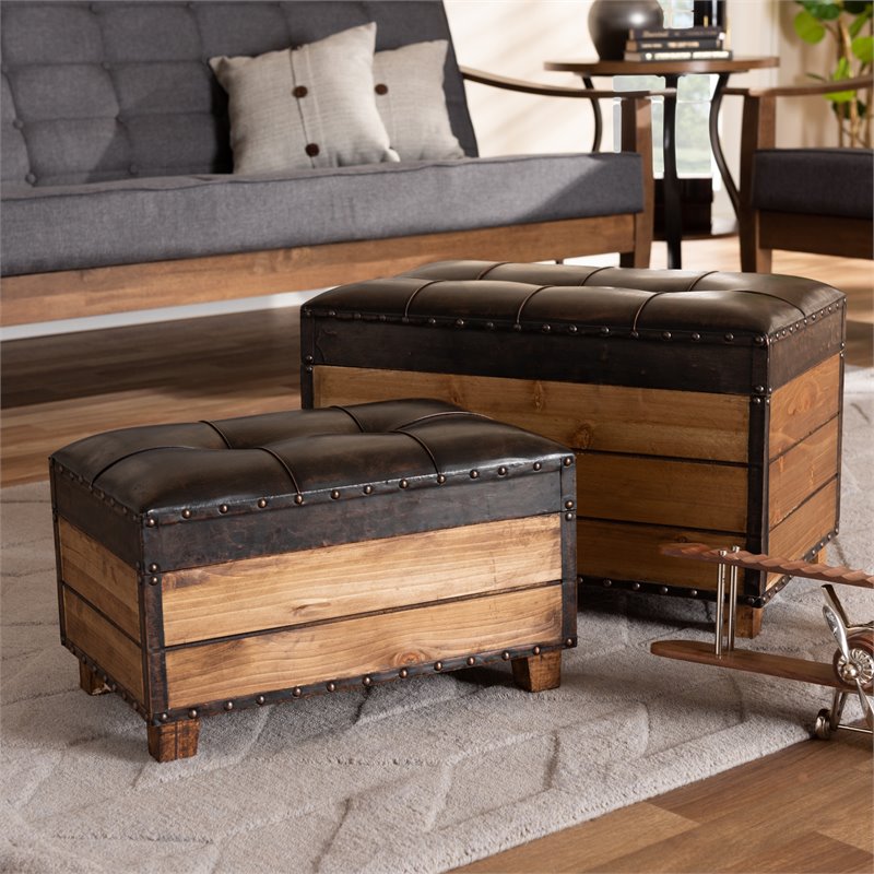 Bowery Hill Faux Leather and Wood Storage Ottoman in Brown (Set of 2)