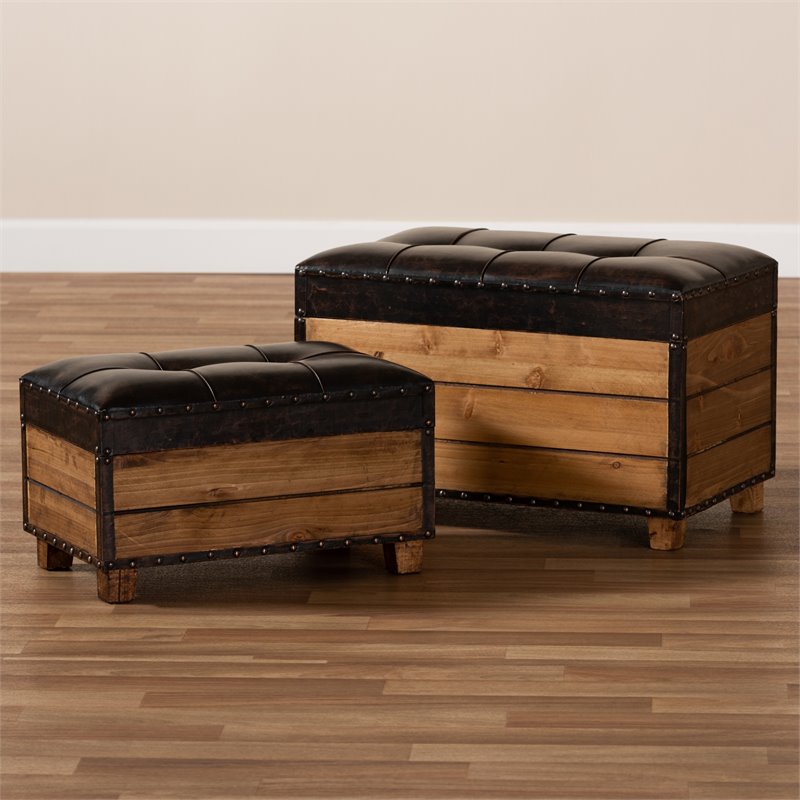 Bowery Hill Faux Leather and Wood Storage Ottoman in Brown (Set of 2)