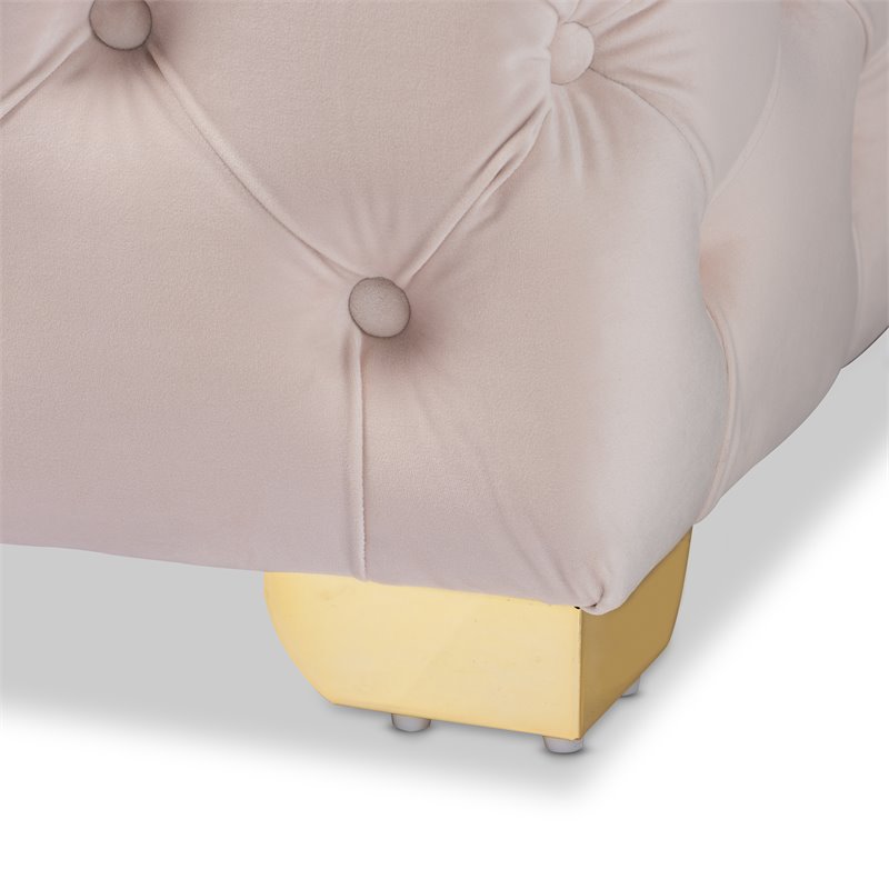 Bowery Hill Modern Tufted Velvet Ottoman in Beige and Gold