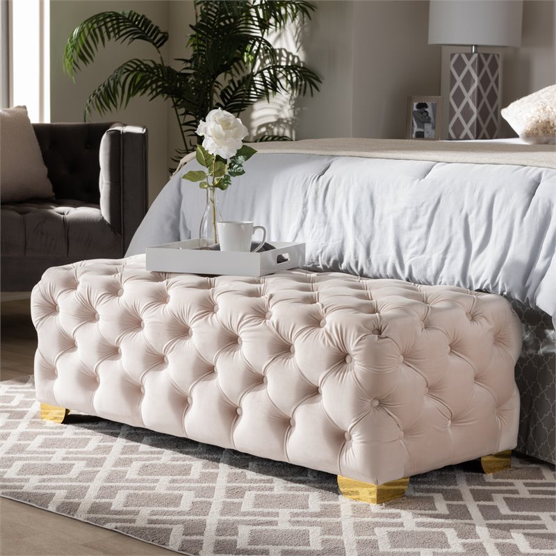 Bowery Hill Modern Tufted Velvet Ottoman in Beige and Gold