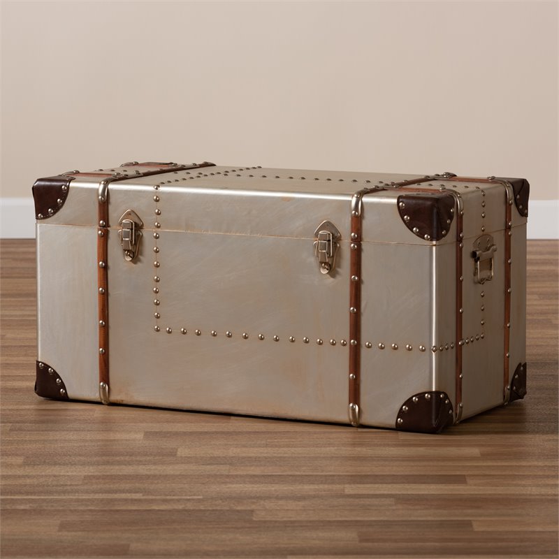 Bowery Hill MDF Wood Silver Storage Trunk Rectangular Fully Assembled