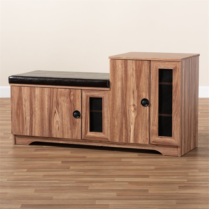 Bowery Hill Brown Faux Leather 2-Door 5-Shelves Wood Shoe Storage Bench
