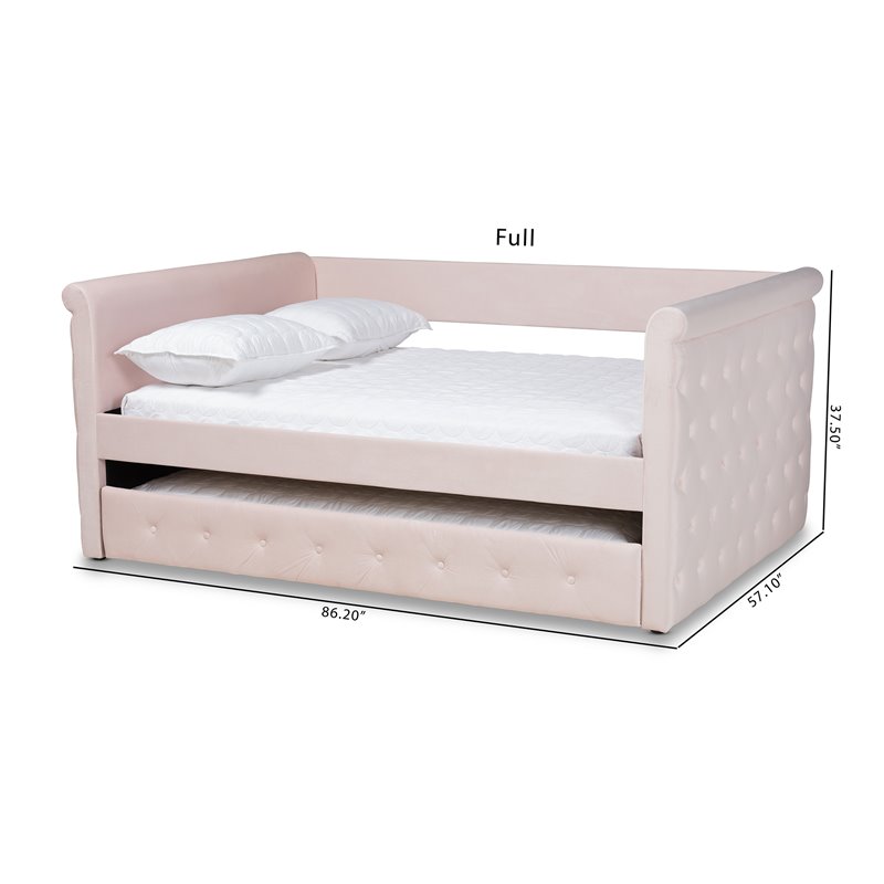 Bowery Hill Mid-Century Velvet Full Daybed with Trundle in Pink