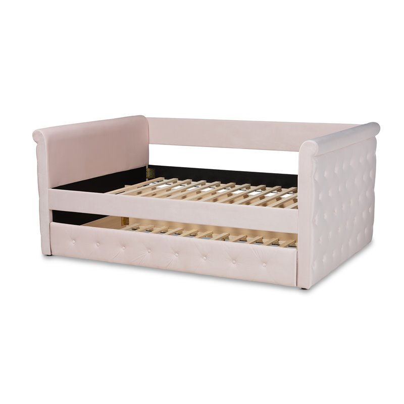 Bowery Hill Mid-Century Velvet Full Daybed with Trundle in Pink