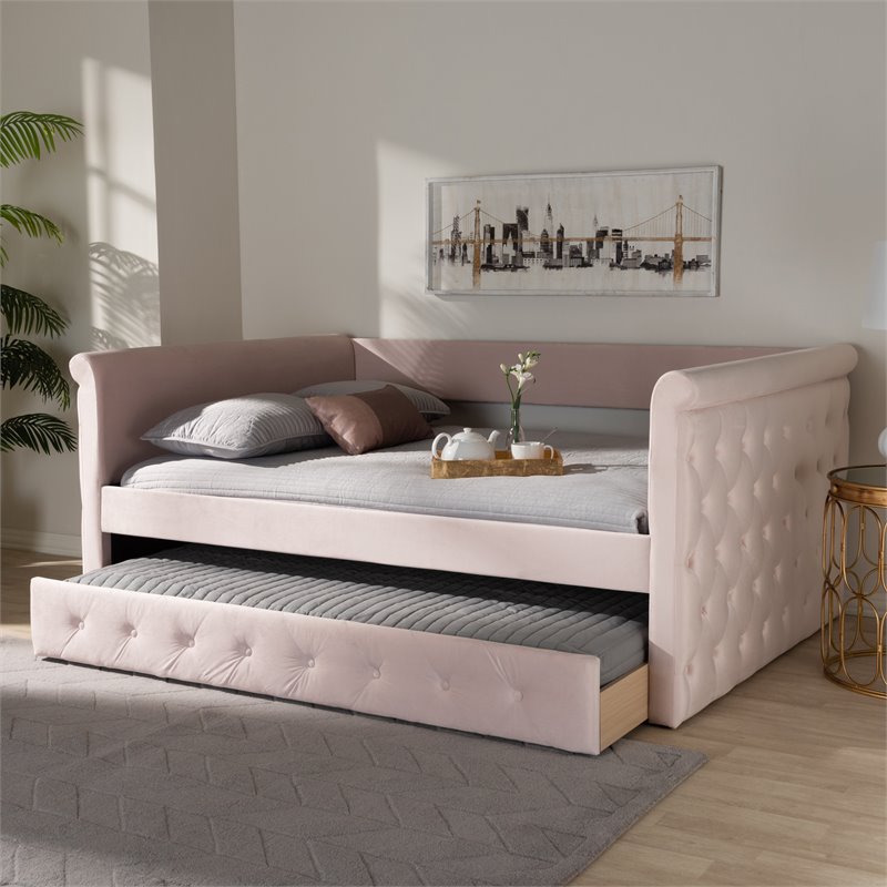 Bowery Hill Mid-Century Velvet Full Daybed with Trundle in Pink