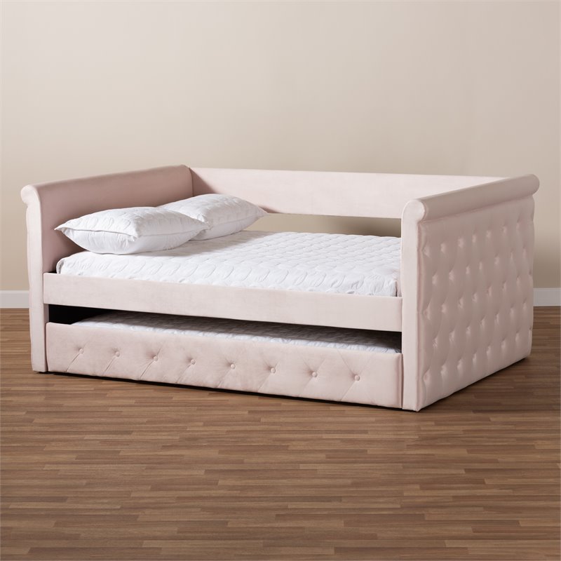 Bowery Hill Mid-Century Velvet Full Daybed with Trundle in Pink