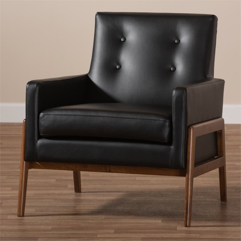 Bowery Hill Faux Leather Lounge Chair in Black and Walnut