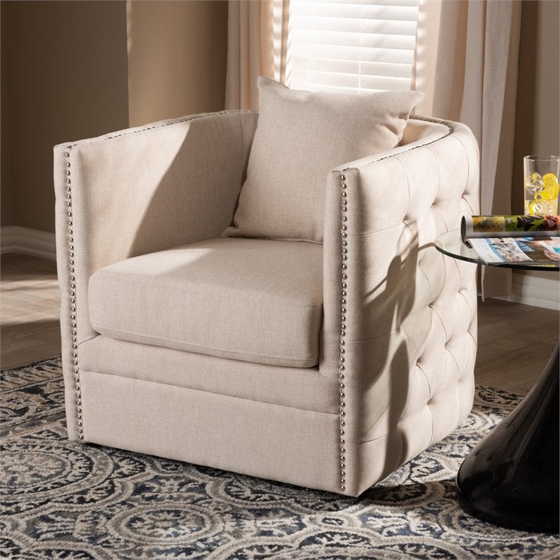 Bowery Hill Fabric Beige Swivel Chair Tufted Fully Assembled