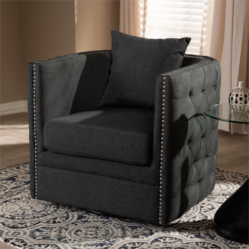 Bowery Hill Grey Fabric Upholstered Tufted Swivel Chair