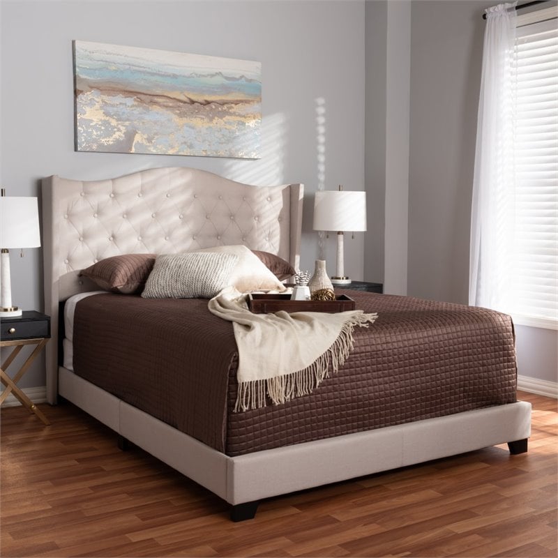 Bowery Hill Modern Upholstered Fabric Tufted King Size Bed in Beige