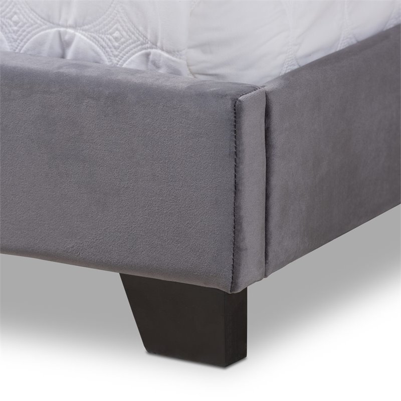 Bowery Hill Velvet Nailhead Upholstered Queen Bed in Grey