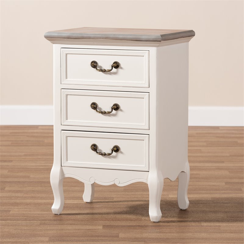 Bowery Hill Two Tone Whitewashed Oak and White 3-Drawer Nightstand