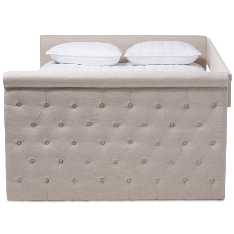 Bowery Hill Fabric Tufted Queen Daybed with Trundle in Beige