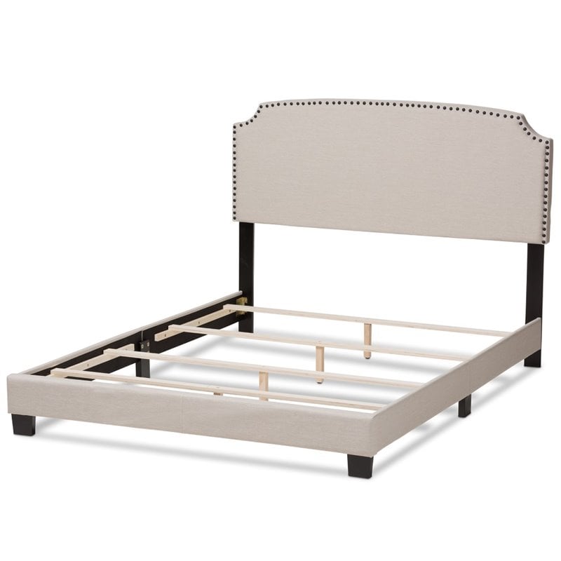 Bowery Hill Nailhead Upholstered Full Bed in Light Beige