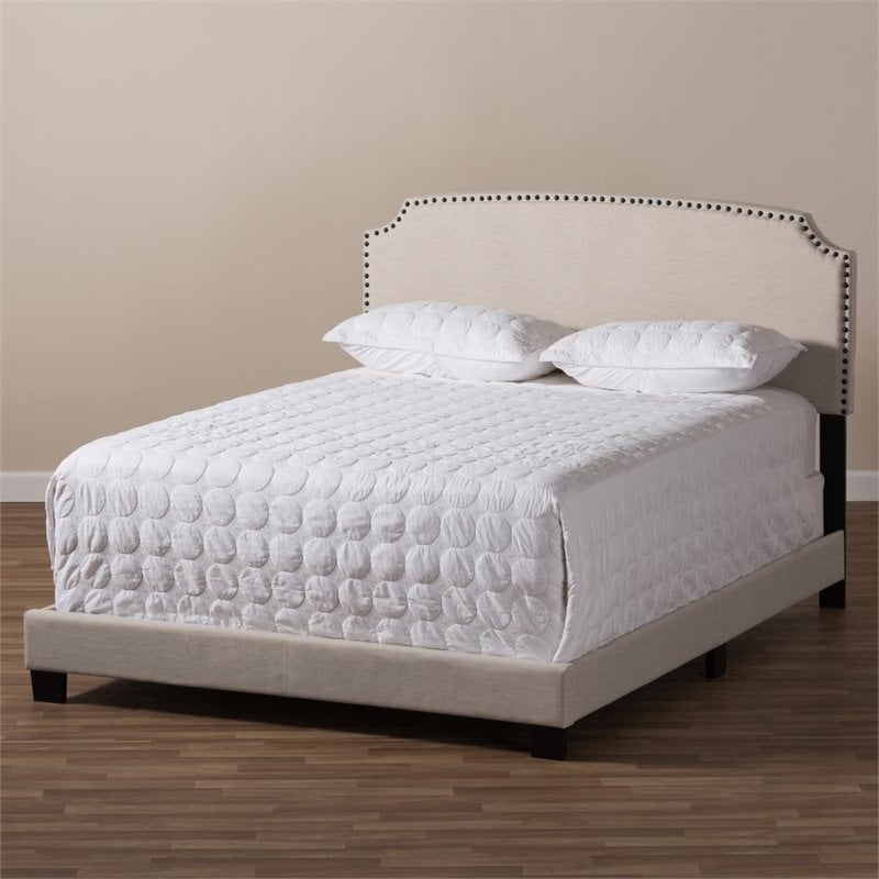 Bowery Hill Nailhead Upholstered Full Bed in Light Beige