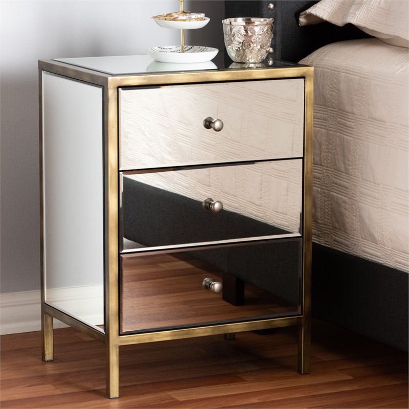 Bowery Hill 3 Drawer Mirrored Nightstand Table in Bronze