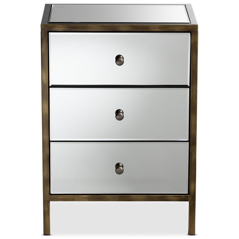 Bowery Hill 3 Drawer Mirrored Nightstand Table in Bronze