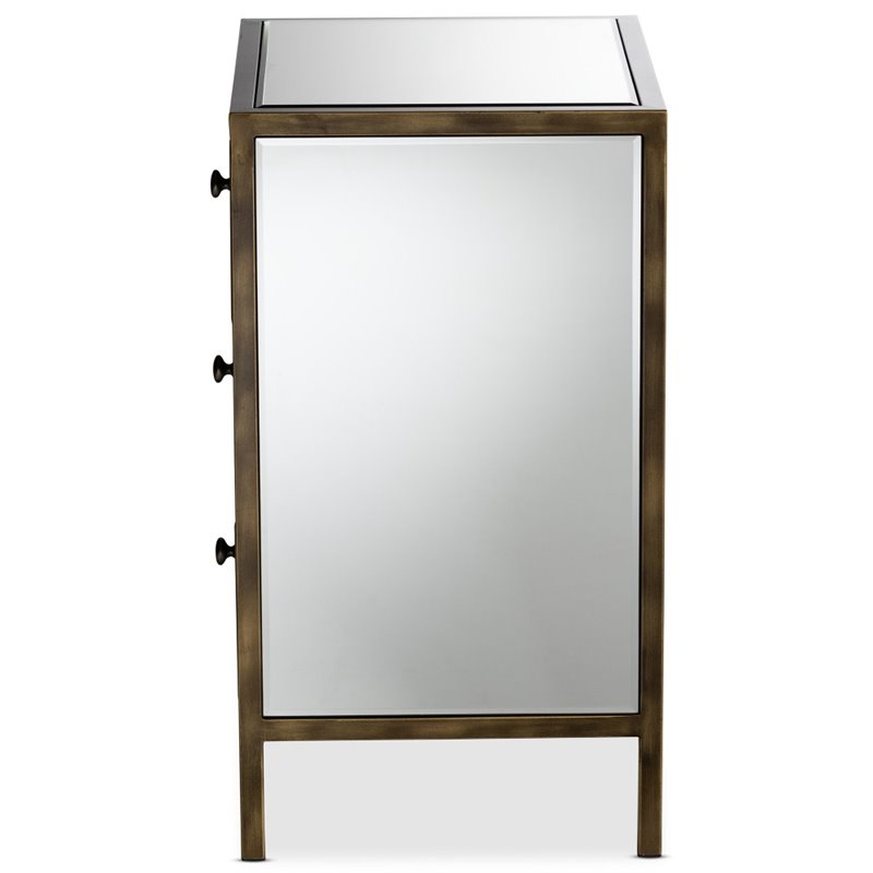 Bowery Hill 3 Drawer Mirrored Nightstand Table in Bronze