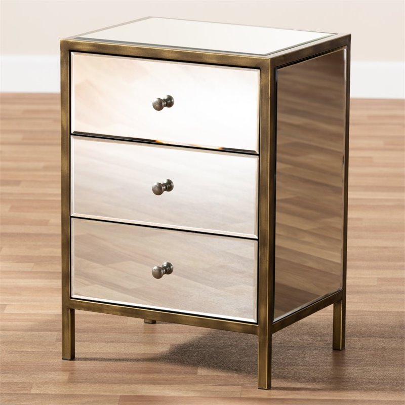 Bowery Hill 3 Drawer Mirrored Nightstand Table in Bronze