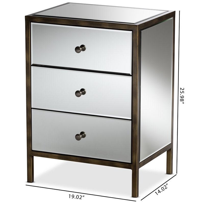 Bowery Hill 3 Drawer Mirrored Nightstand Table in Bronze