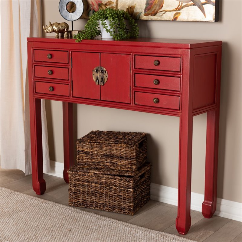 Bowery Hill 6 Drawer Console Table in Red and Bronze