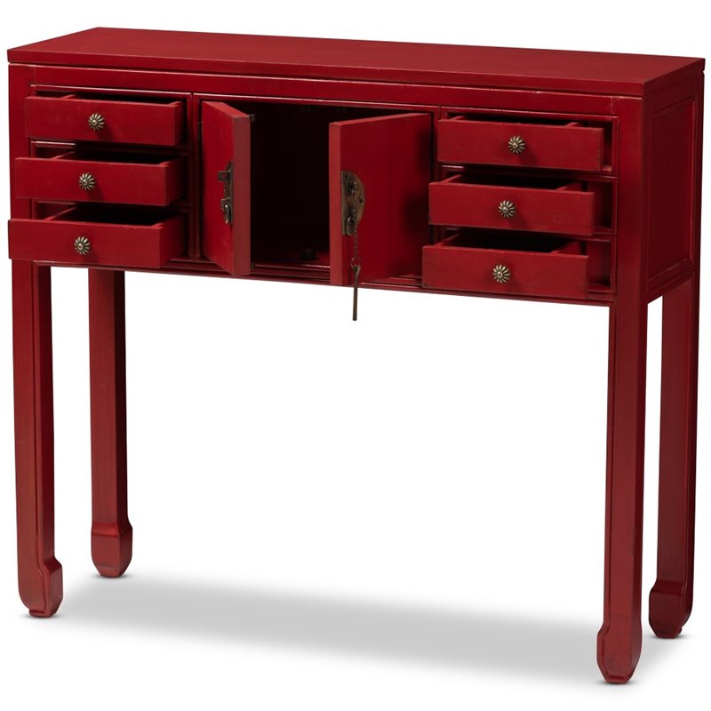 Bowery Hill 6 Drawer Console Table in Red and Bronze