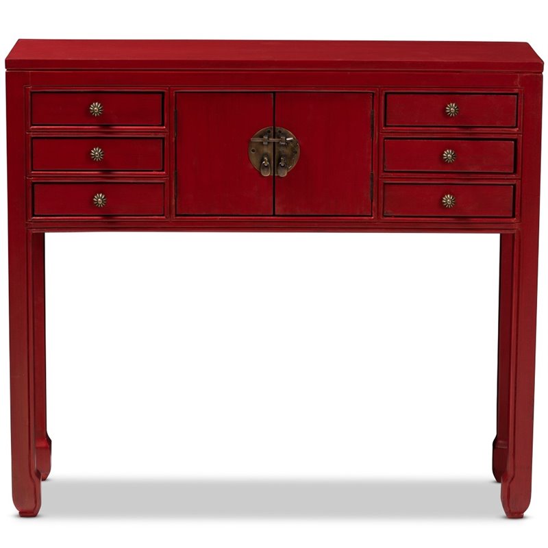 Bowery Hill 6 Drawer Console Table in Red and Bronze