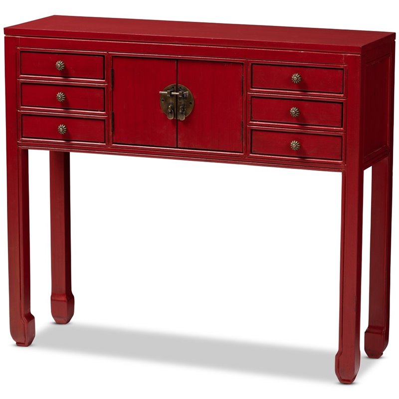 Bowery Hill 6 Drawer Console Table in Red and Bronze