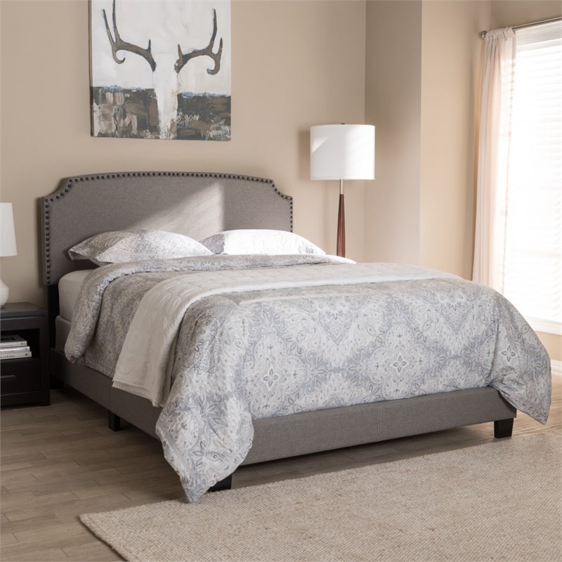 Bowery Hill Nailhead Upholstered Full Bed in Light Grey