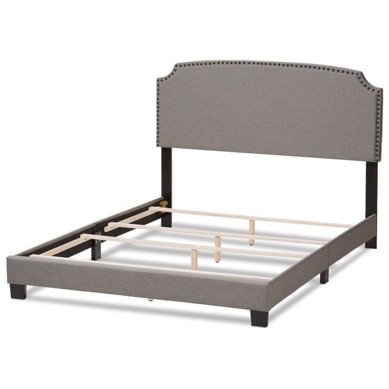 Bowery Hill Nailhead Upholstered Full Bed in Light Grey