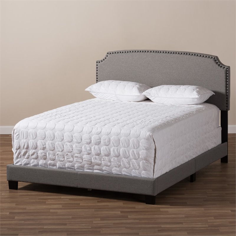 Bowery Hill Nailhead Upholstered Full Bed in Light Grey
