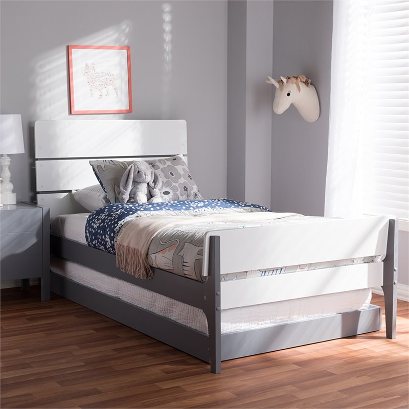 Bowery Hill Twin Slat Platform Bed with Trundle in White