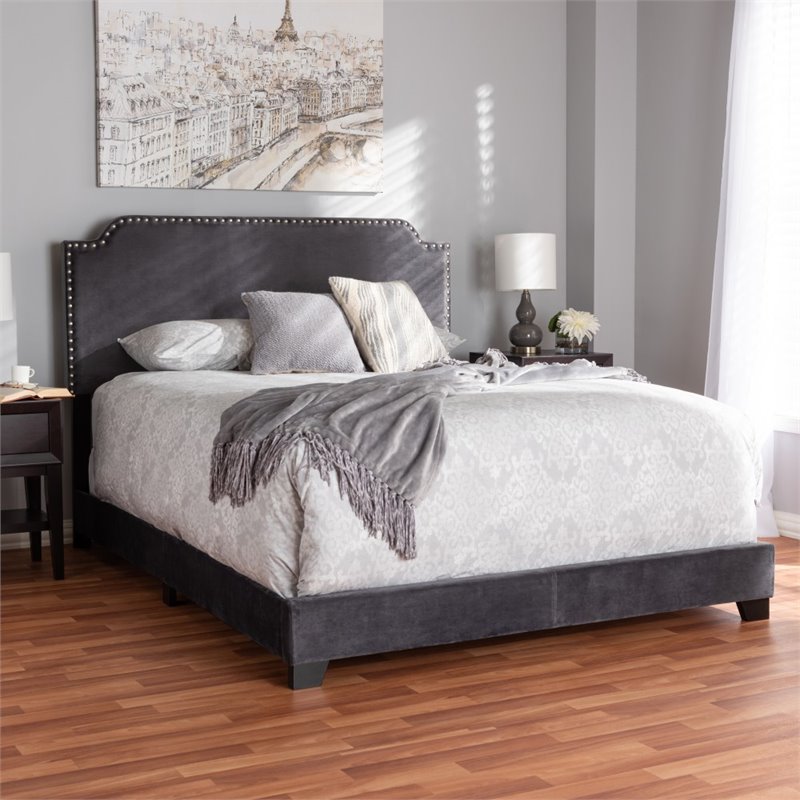 Bowery Hill Velvet Nailhead Upholstered Full Bed in Grey