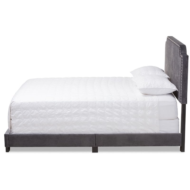 Bowery Hill Velvet Nailhead Upholstered Full Bed in Grey